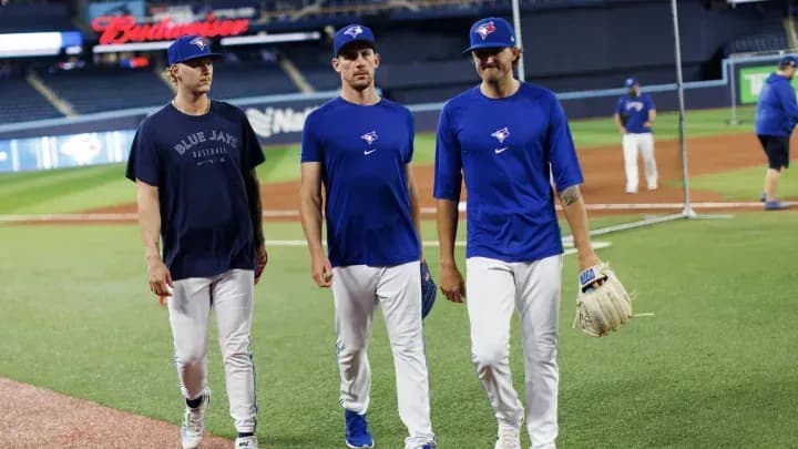 Blue Jays pitchers warming up before a game at Rogers Centre