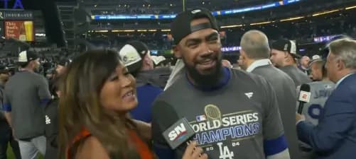 Hazel Mae interview Teoscar Hernandez after winning the World Series #mlb #bluejays #dodgers