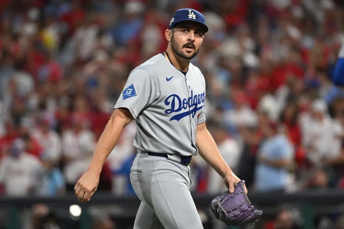 Los Angeles Dodgers pitcher Alex Vesia (51) reacts in the eighth inning against the Philadelphia Phillies during game one of the NLDS round for the 2025 MLB playoffs at Citizens Bank Park.