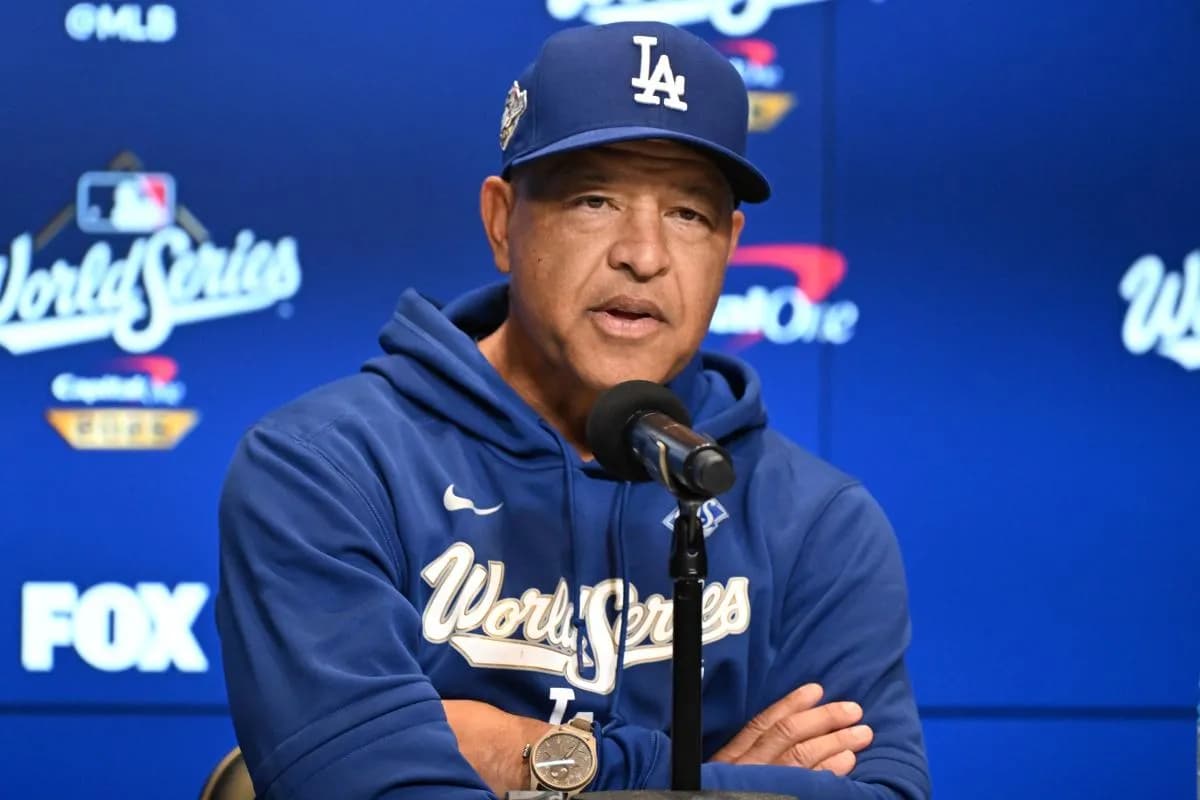 Los Angeles Dodgers manager Dave Roberts (30) speaks to the reporters during media day and team workouts at Rogers Centre.