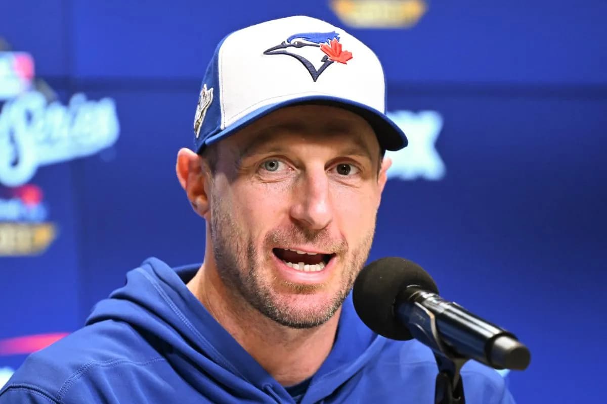 Toronto Blue Jays pitcher Max Scherzer (31) speaks to the media prior to game two of the 2025 MLB World Series against the Los Angeles Dodgers at Rogers Centre.