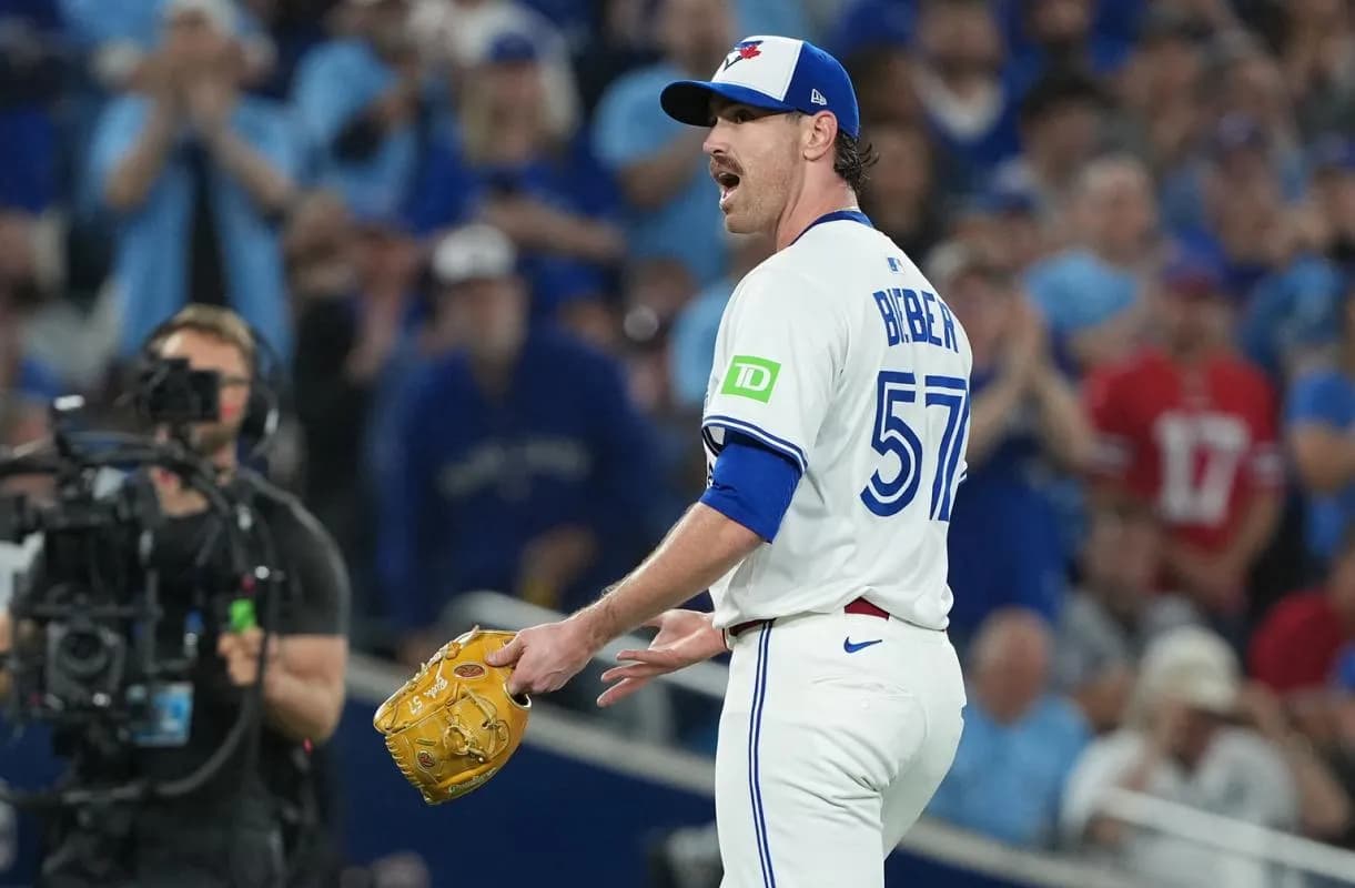 Toronto Blue Jays pitcher Shane Bieber (57) is relieved in the fourth inning against the Seattle Mariners during game seven of the ALCS round for the 2025 MLB playoffs at Rogers Centre.