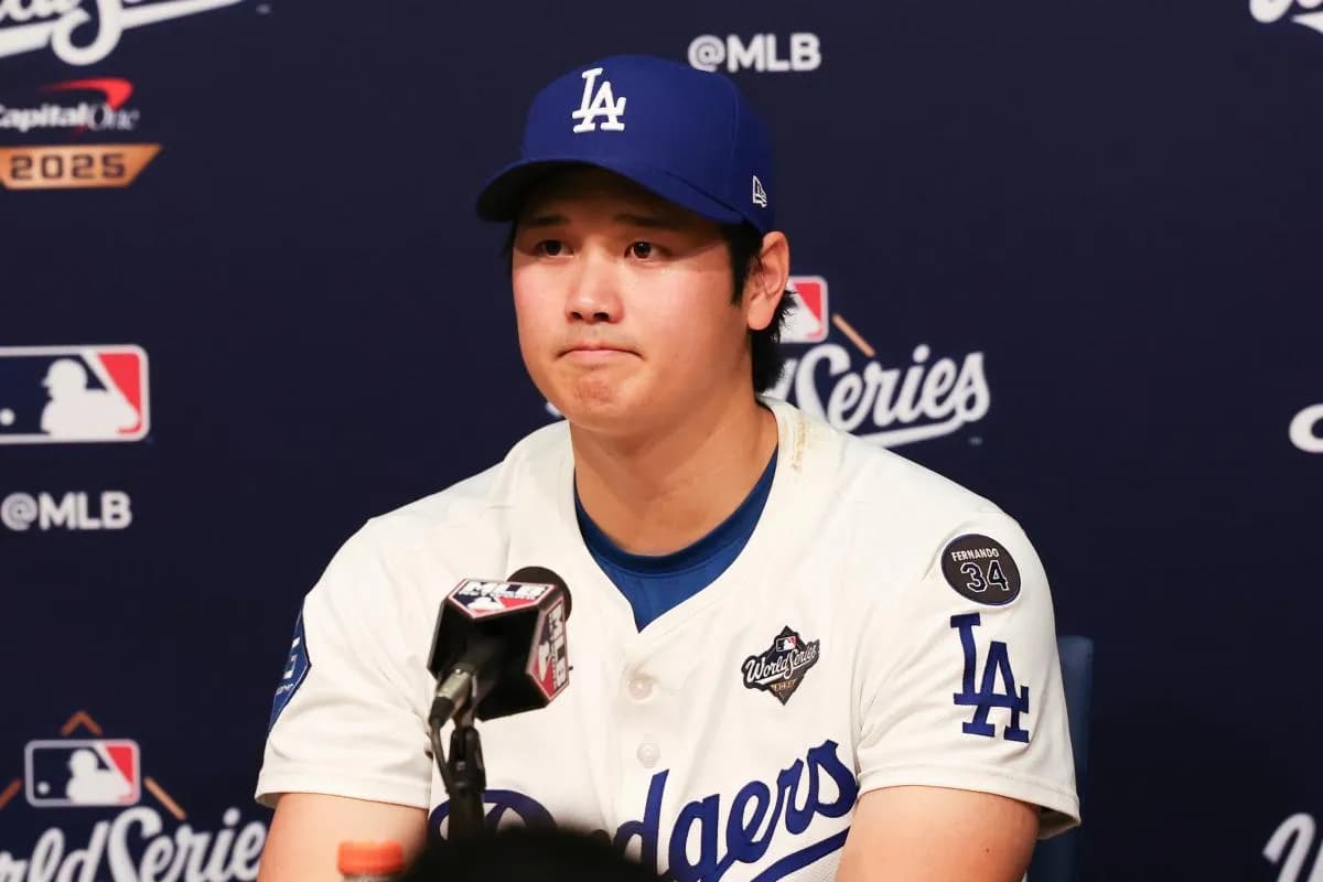 Los Angeles Dodgers two-way player Shohei Ohtani (17) speaks at the postgame press conference after the game against the Toronto Blue Jays during game four of the 2025 MLB World Series at Dodger Stadium.