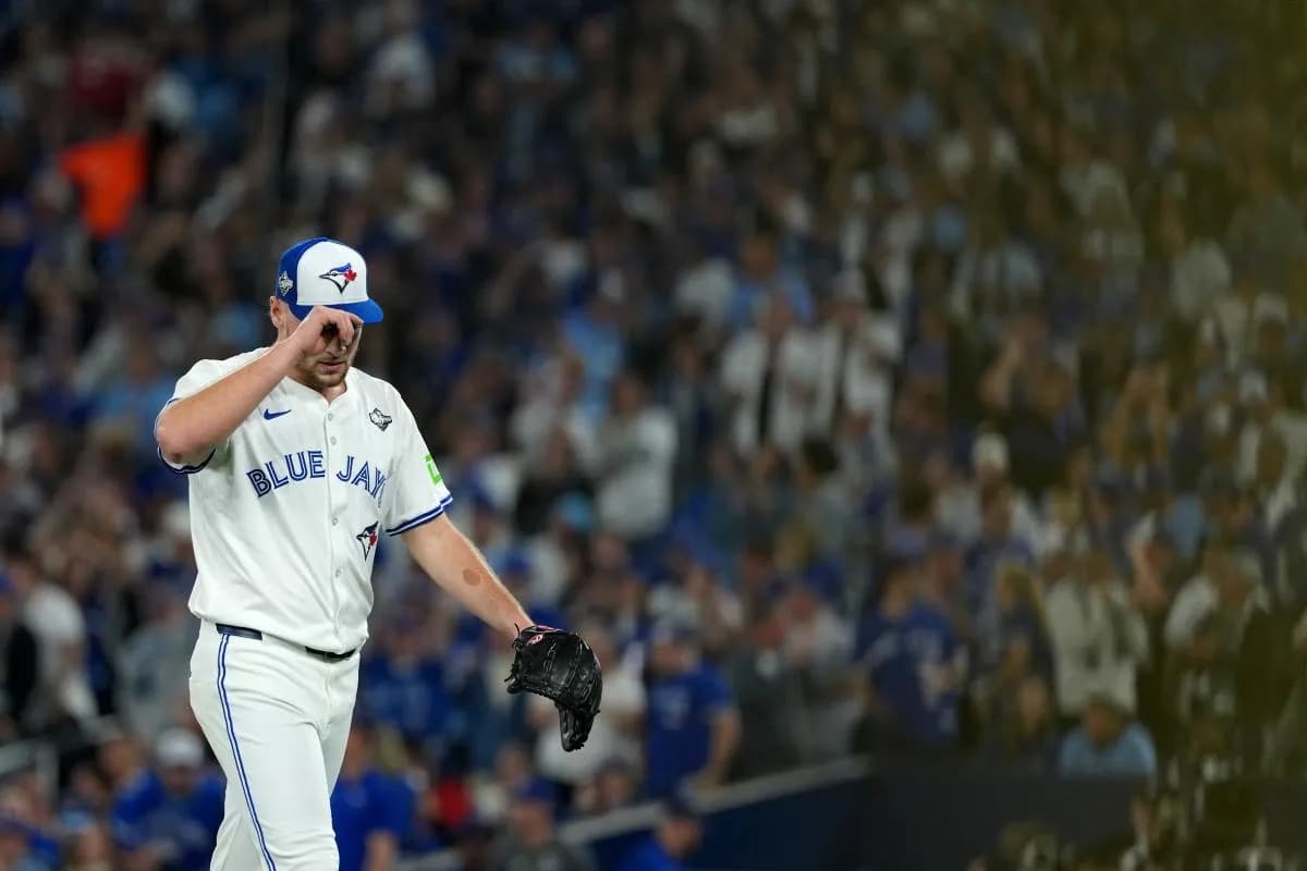 Toronto Blue Jays pitcher Trey Yesavage (39) reacts in the third inning against the Los Angeles Dodgers during game one of the 2025 MLB World Series at Rogers Centre.