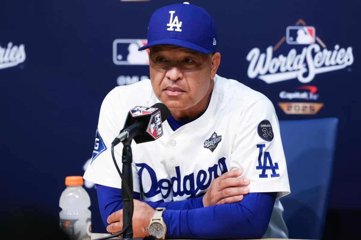 Los Angeles Dodgers manager Dave Roberts (30) speaks at the postgame press conference after the game against the Toronto Blue Jays during game four of the 2025 MLB World Series at Dodger Stadium.