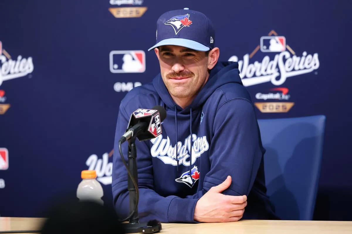 Toronto Blue Jays pitcher Shane Bieber (57) speaks at the postgame press conference after the game against the Los Angeles Dodgers during game four of the 2025 MLB World Series at Dodger Stadium.