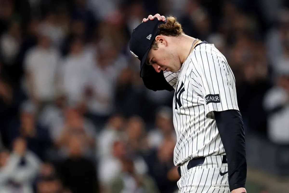 New York Yankees pitcher Cam Schlittler (31) reacts after being pulled from the game during the seventh inning against the Toronto Blue Jays during game four of the ALDS round for the 2025 MLB playoffs at Yankee Stadium.