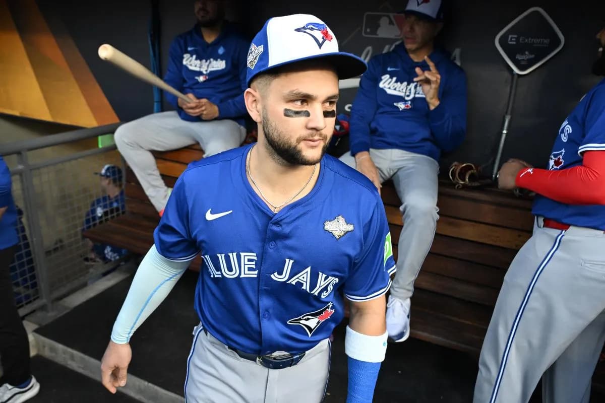 Toronto Blue Jays second baseman Bo Bichette (11) looks on before game three of the 2025 MLB World Series against the Los Angeles Dodgers at Dodger Stadium.