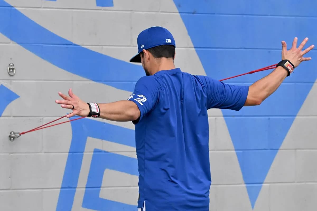 Toronto Blue Jays pitcher Nick Sandlin (52) stretches during spring training at Cecil B. Englebert Complex.