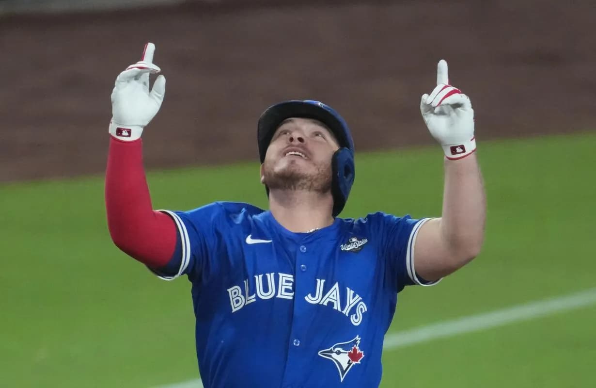 Toronto Blue Jays catcher Alejandro Kirk (30) celebrates after hitting a three-run home run during the fourth inning against the Los Angeles Dodgers in game three of the 2025 MLB World Series at Dodger Stadium.