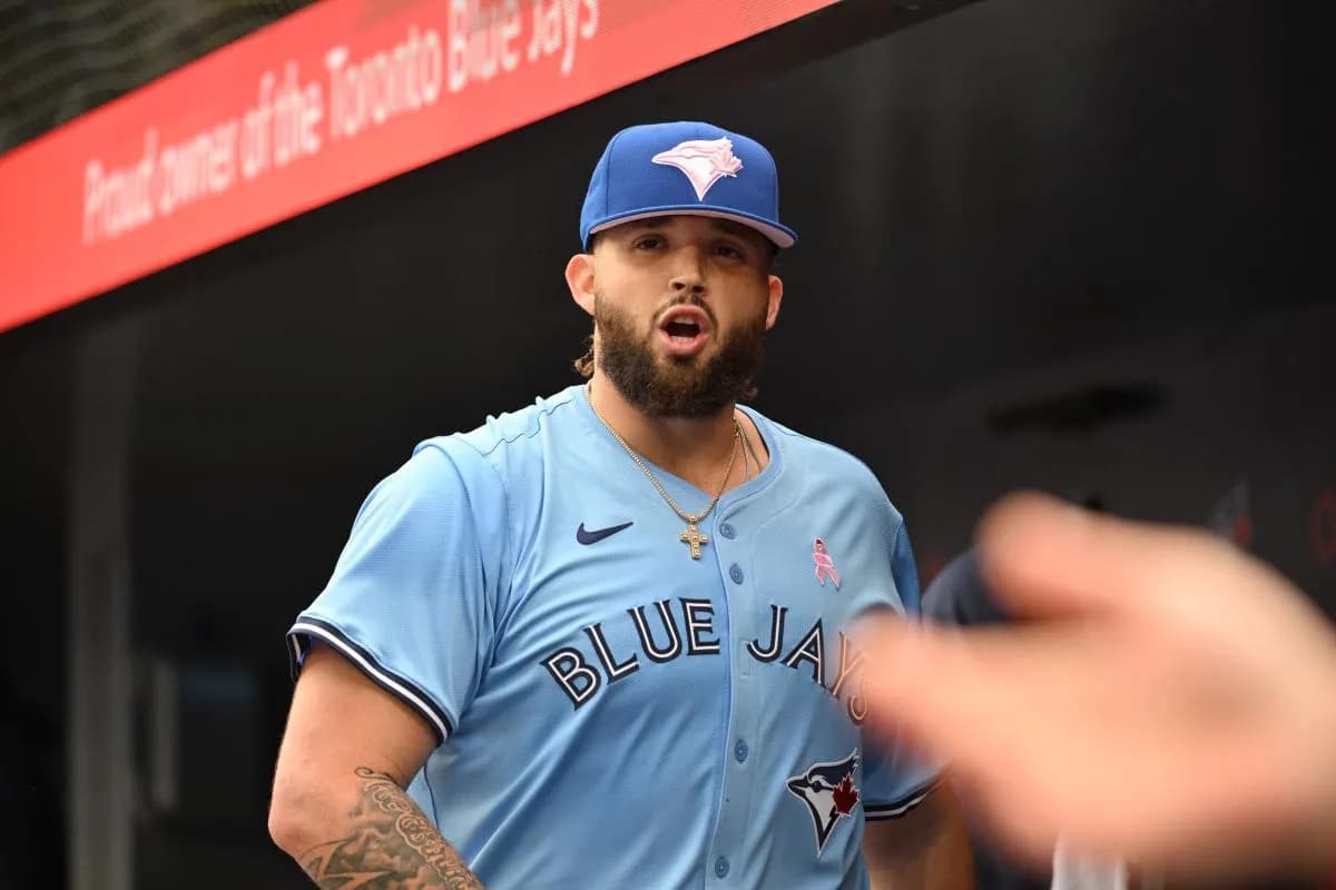 Toronto Blue Jays starting pitcher Alek Manoah (6) speaks to team mates in the dugout after the first inning against the Minnesota Twins at Rogers Centre.