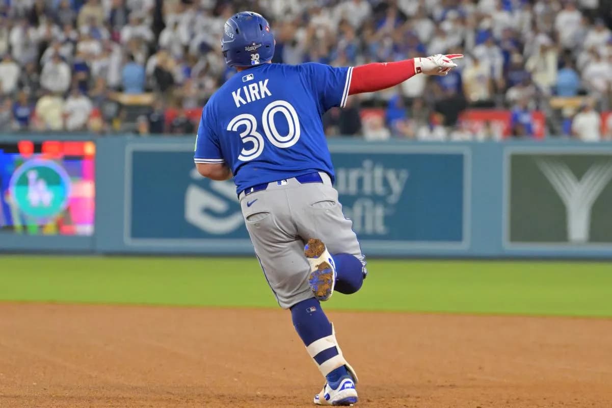 Toronto Blue Jays catcher Alejandro Kirk (30) runs after hitting a three run home run against the Los Angeles Dodgers in the fourth inning during game three of the 2025 MLB World Series at Dodger Stadium.