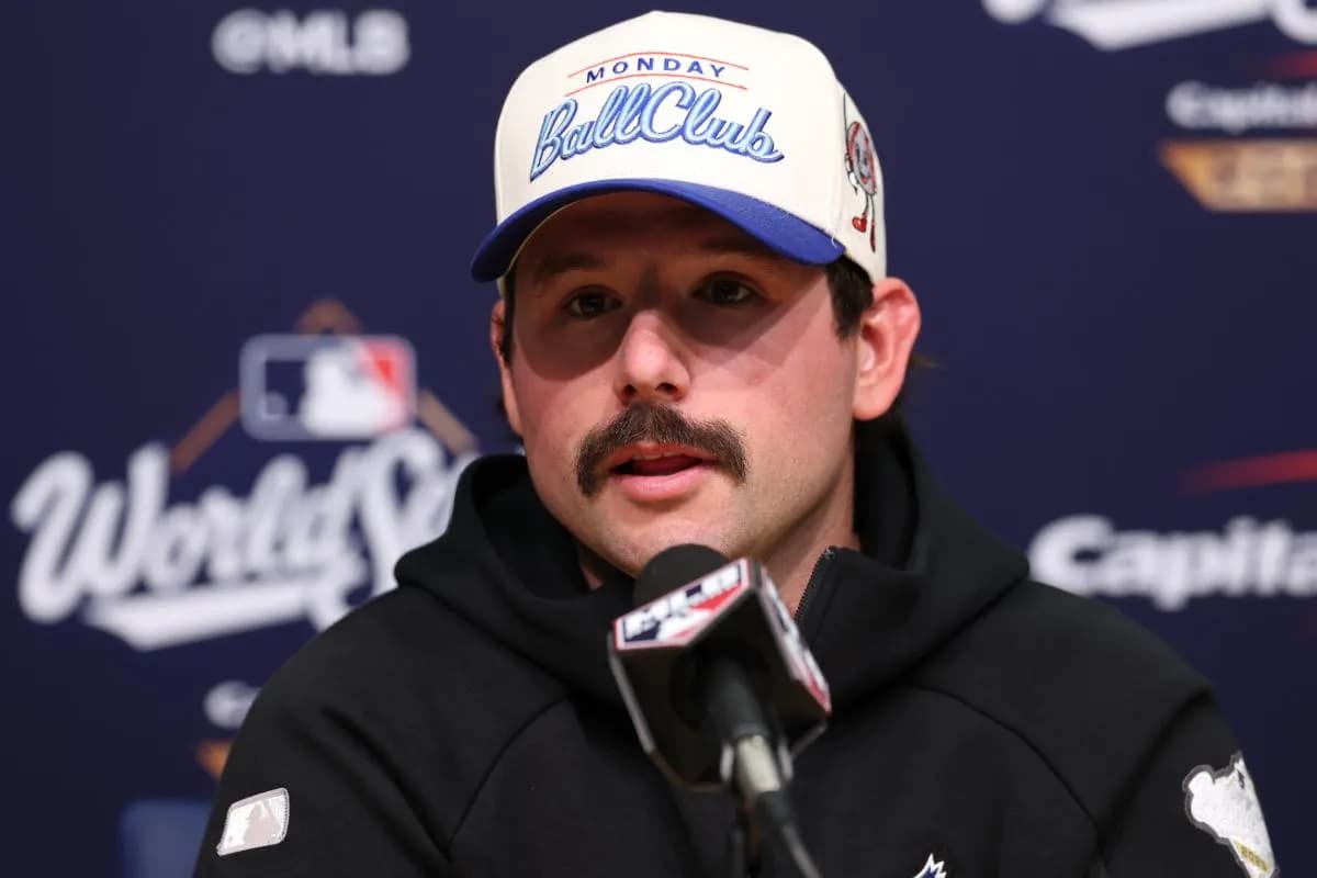 Toronto Blue Jays left fielder Davis Schneider (36) speaks in a press conference after game five of the 2025 MLB World Series against the Los Angeles Dodgers at Dodger Stadium