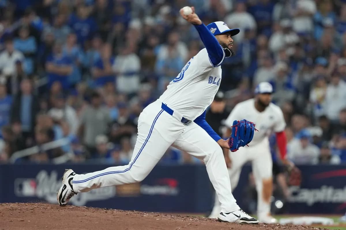Toronto Blue Jays pitcher Seranthony Dominguez (48) pitches against the Los Angeles Dodgers in the fifth inning during game one of the 2025 MLB World Series at Rogers Centre.