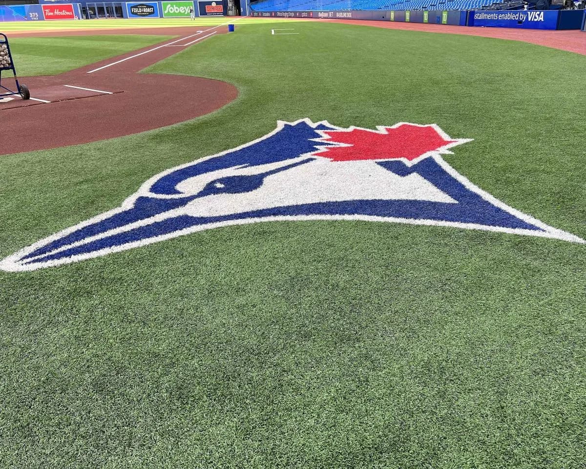 The Toronto Blue Jays logo during batting practice against the Cleveland Guardians at Rogers Centre.
