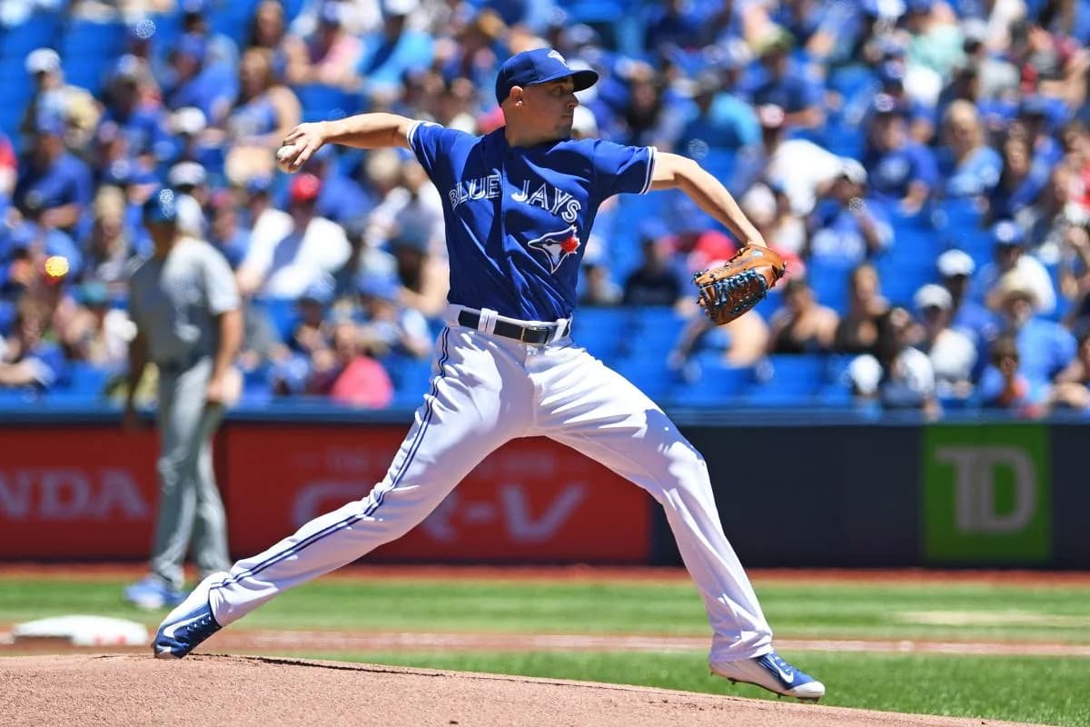 Toronto Blue Jays starting pitcher Aaron Sanchez (41) throws the ball in the first inning against the Kansas City Royals at Rogers Centre.