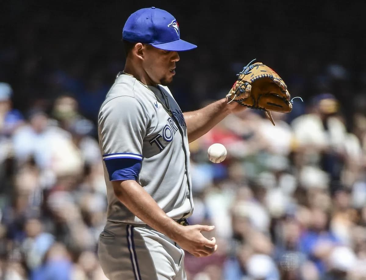 Toronto Blue Jays pitcher Jose Berrios (17) reacts in the fifth inning during game against the Milwaukee Brewers at American Family Field.