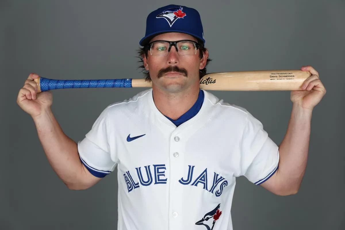 Toronto Blue Jays outfielder Davis Schneider (36) participates in media day at the Blue Jays Player Development Complex
