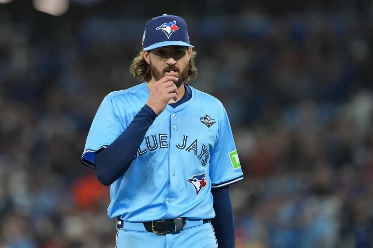 Toronto Blue Jays pitcher Kevin Gausman (34) reacts after coming off the mound in the fifth inning for game six of the 2025 MLB World Series at Rogers Centre.