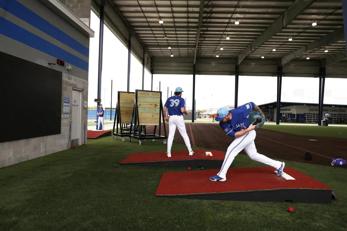 Toronto Blue Jays pitcher Yariel Rodriguez (29) and pitcher Trey Yesavage (39) workout for spring training at Blue Jays Player Development Complex.