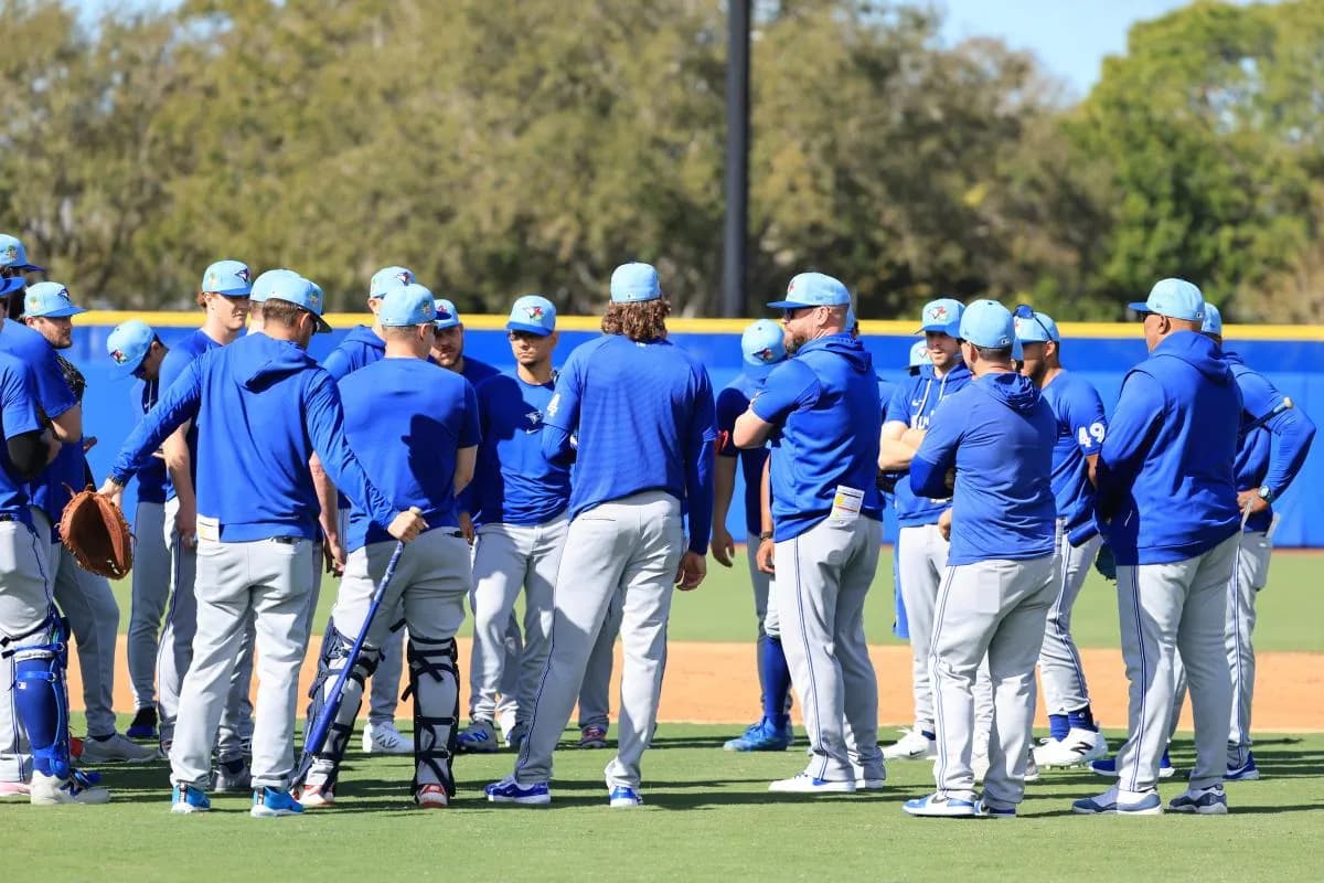 Toronto Blue Jays manager John Schneider (14) talks with players during spring training practice at Player Development Complex.
