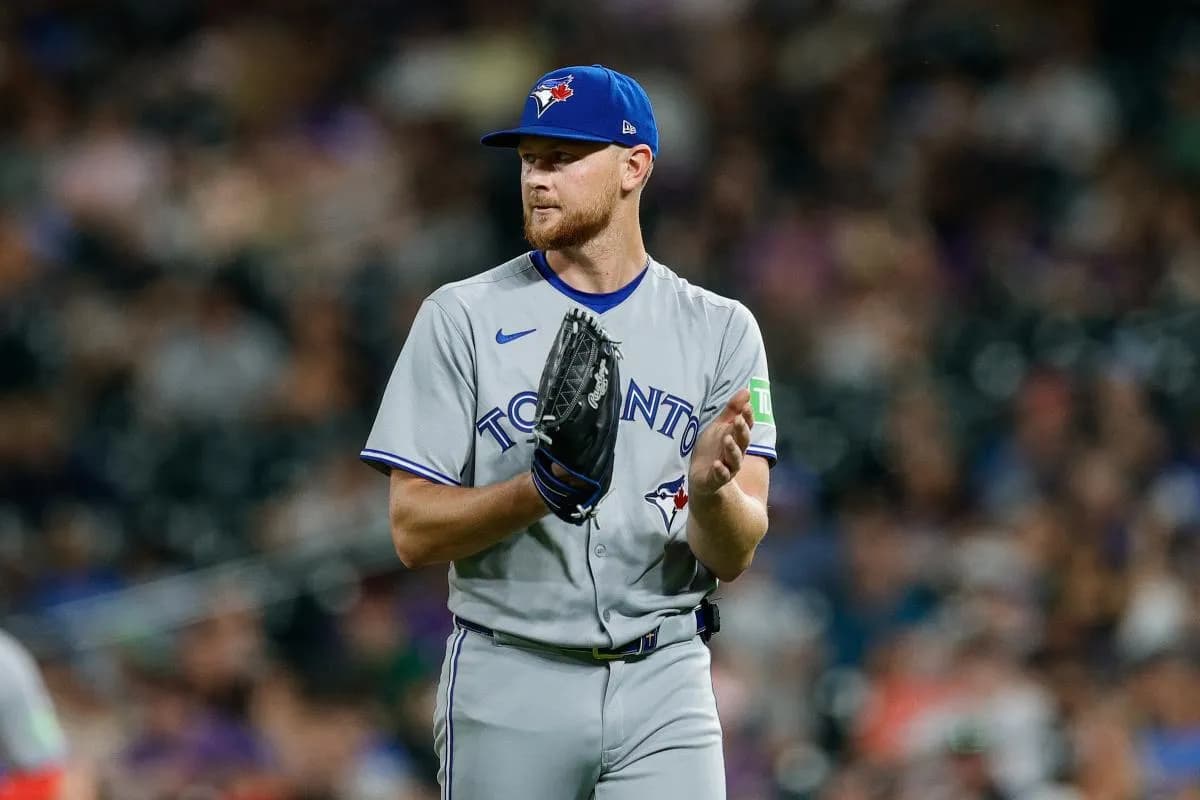Toronto Blue Jays starting pitcher Eric Lauer (56) reacts at the end of the sixth inning against the Colorado Rockies at Coors Field.