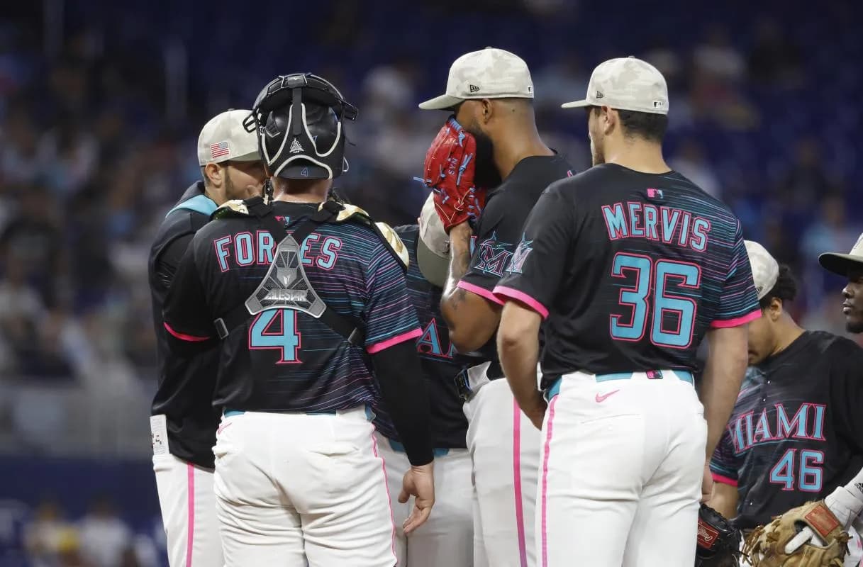 Miami Marlins starting pitcher Sandy Alcantara (22) reacts on the mound against the Tampa Bay Rays during the fifth inning at loanDepot Park.