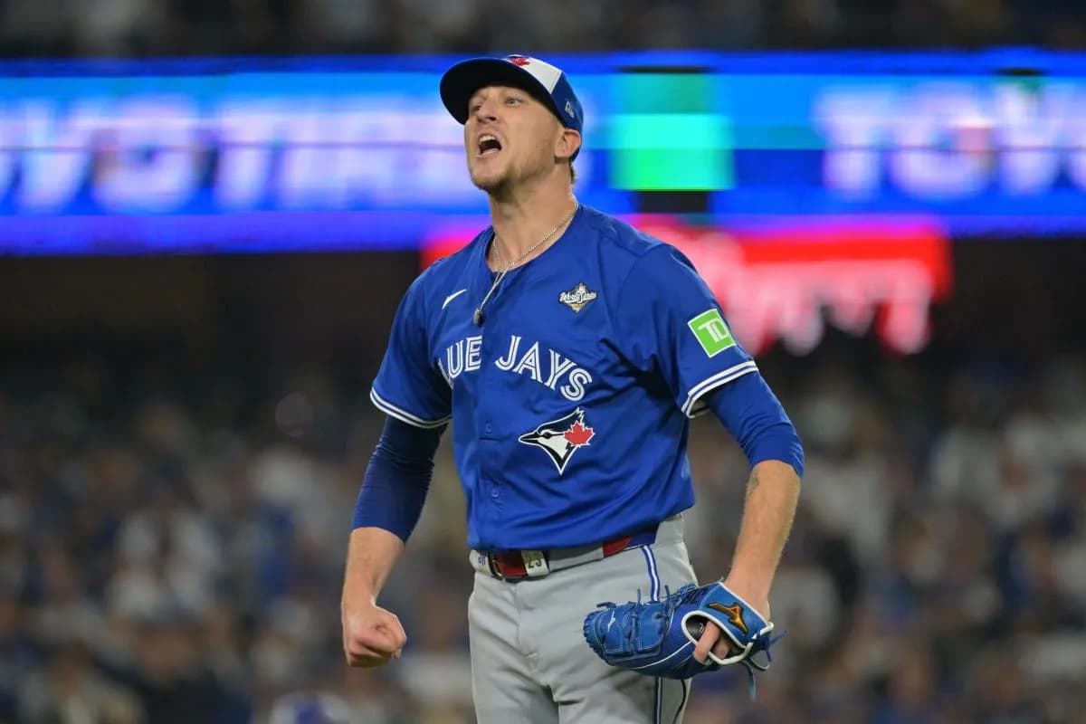 Toronto Blue Jays pitcher Jeff Hoffman (23) reacts in the tenth inning against the Los Angeles Dodgers during game three of the 2025 MLB World Series at Dodger Stadium.