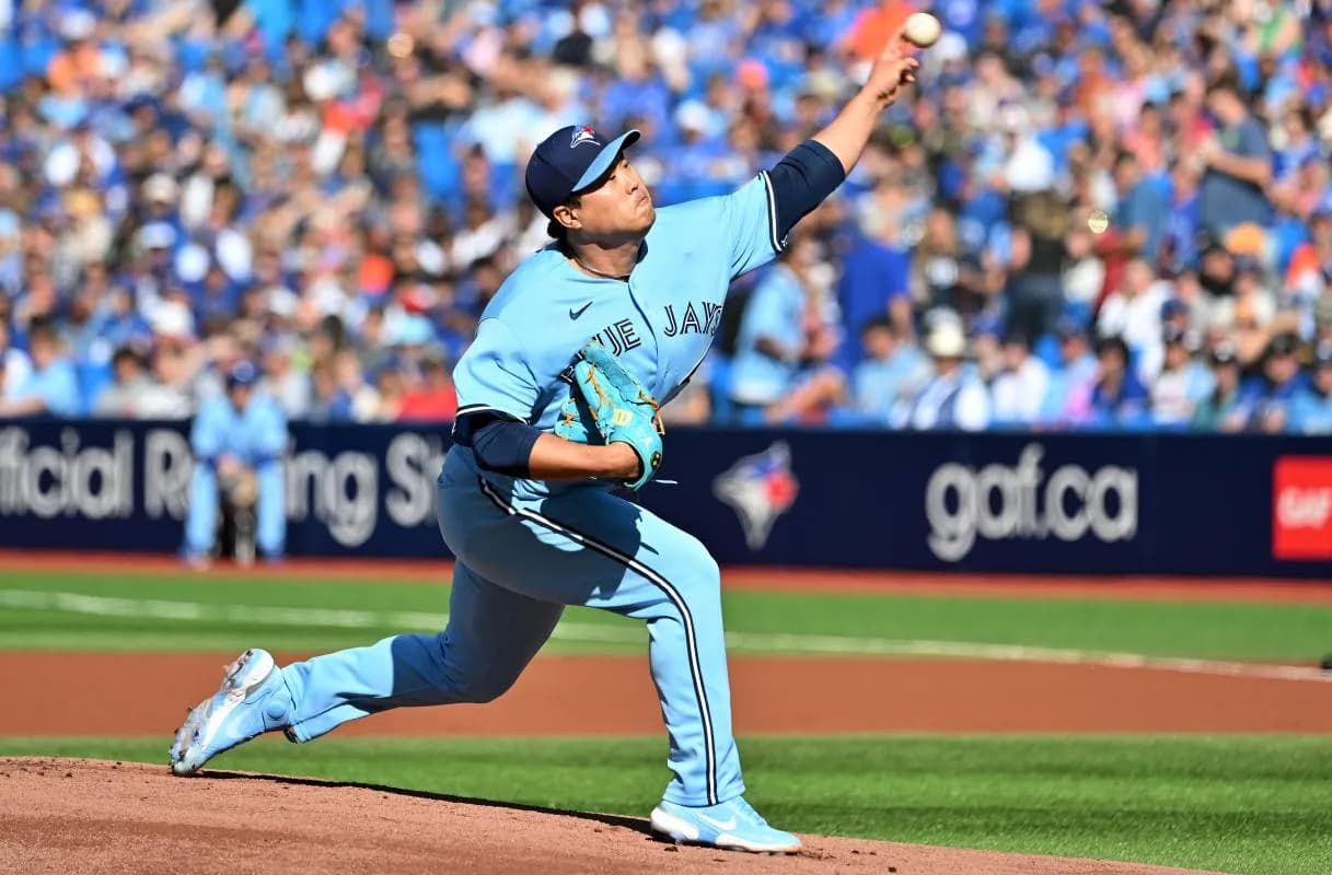 Toronto Blue Jays starting pitcher Hyun Jin Ryu (99) delivers a pitch against the Tampa Bay Rays in the first inning at Rogers Centre.
