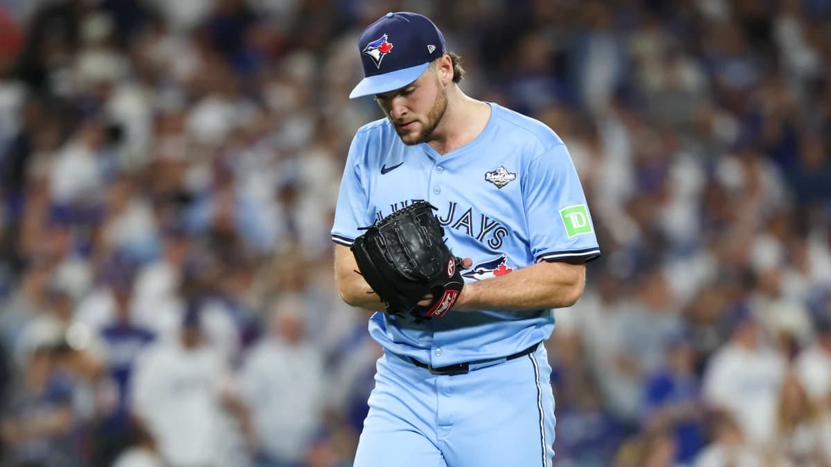 Toronto Blue Jays pitcher Trey Yesavage (39) walks off the mound after the fourth inning against the Los Angeles Dodgers during game five of the 2025 MLB World Series at Dodger Stadium.