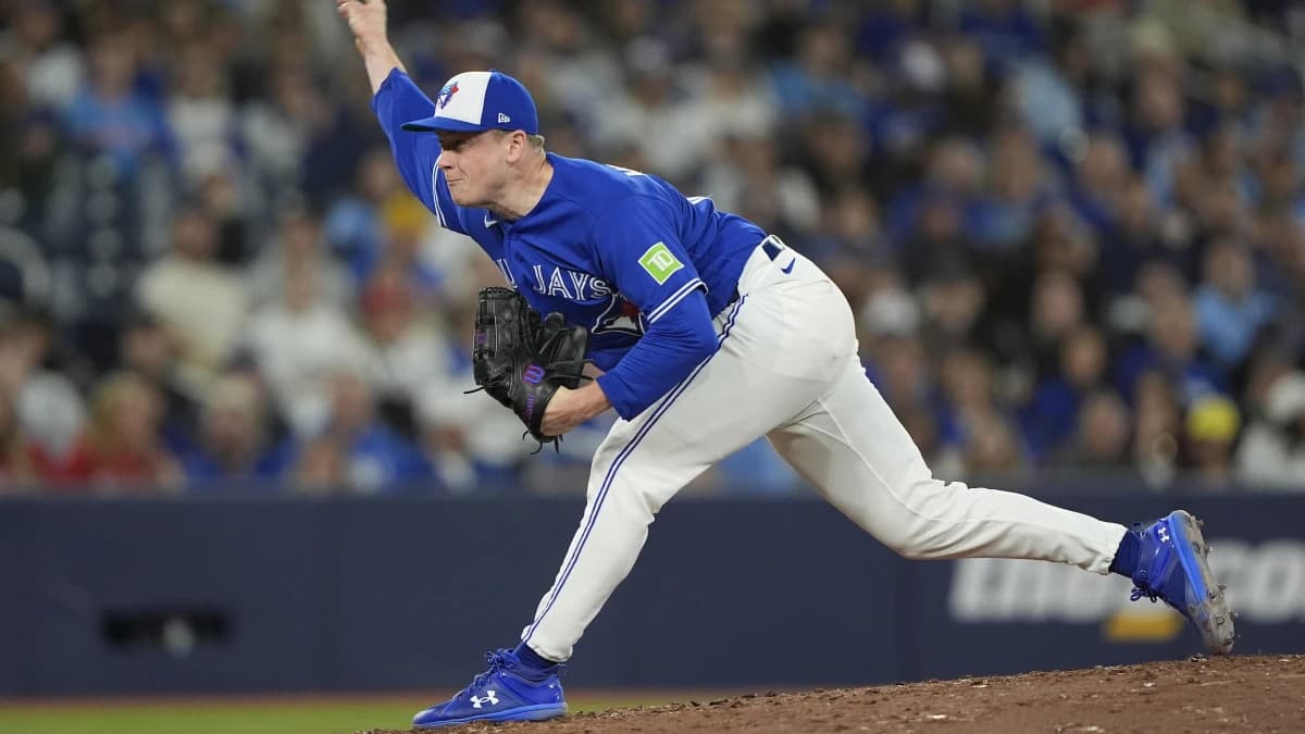 Toronto Blue Jays starting pitcher Louie Varland (77) pitches to the Minnesota Twins during the seventh inning at Rogers Centre.