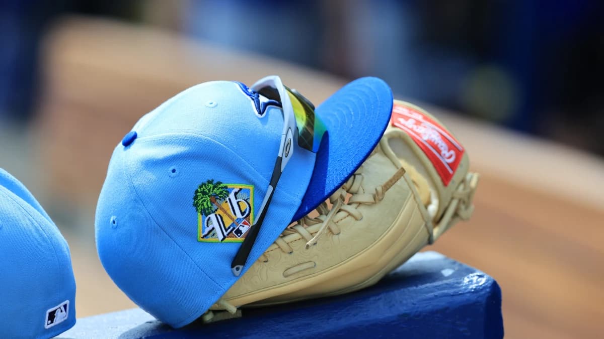 A detail view of Toronto Blue Jays spring training hat during the first inning against the Tampa Bay Rays at Charlotte Sports Park.