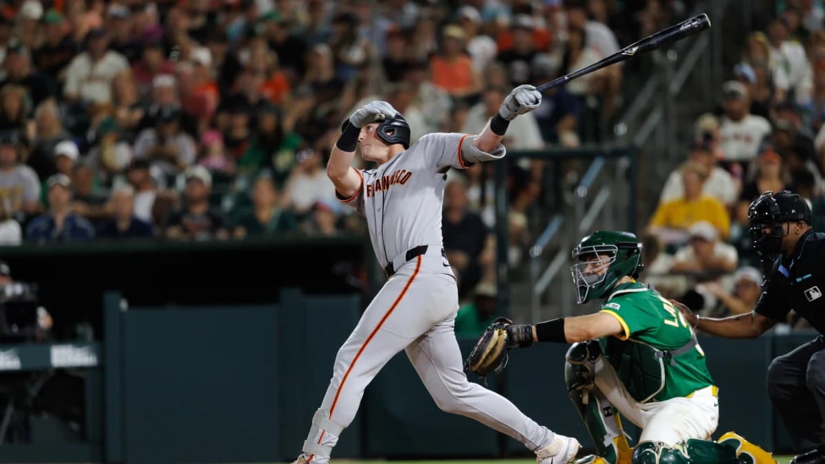 San Francisco Giants second baseman Tyler Fitzgerald (49) hits a one run home run during the eighth inning against the Athletics at Sutter Health Park.