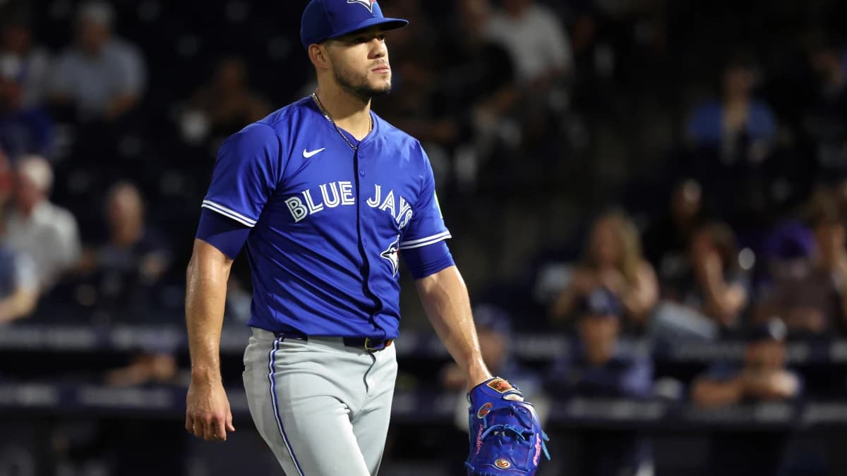 Toronto Blue Jays starting pitcher Jose Berrios (17) walks to the dugout after he pitched the fourth inning against the Tampa Bay Rays at George M. Steinbrenner Field.
