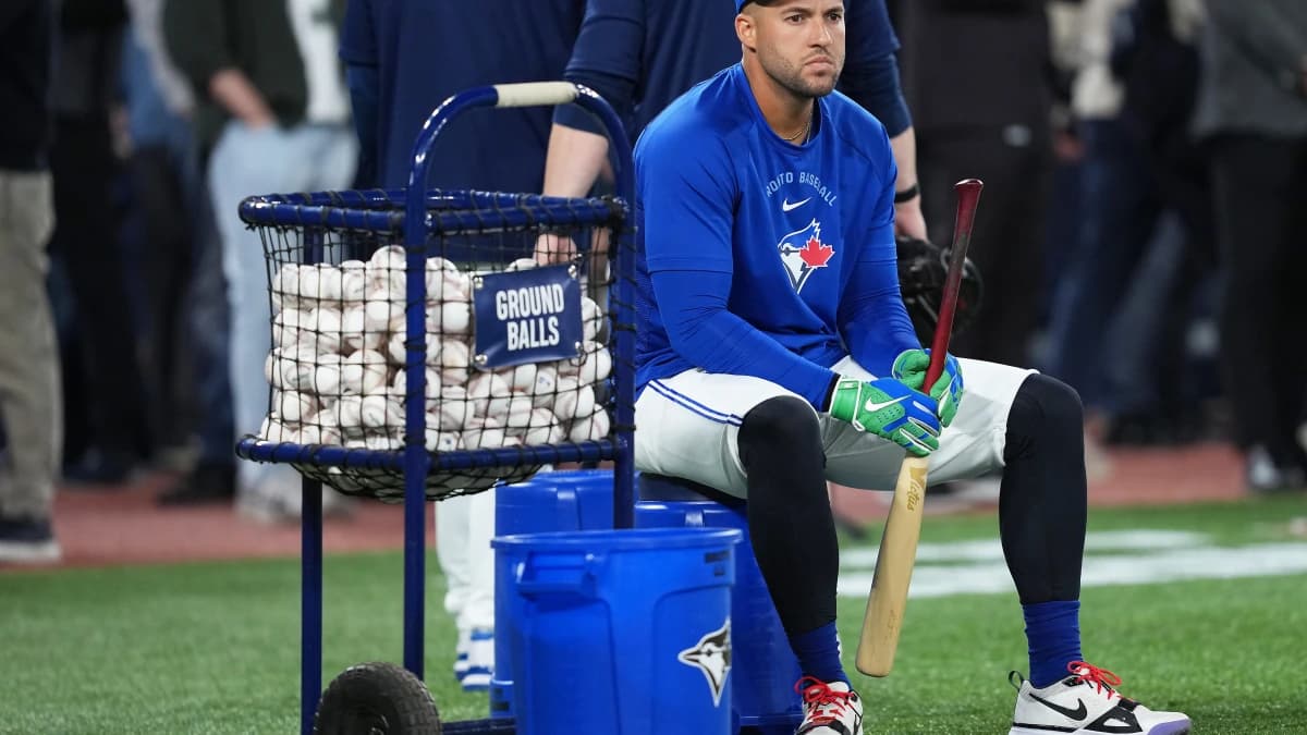 Toronto Blue Jays right fielder George Springer (4) sits during batting practice before a game against the Athletics at Rogers Centre.