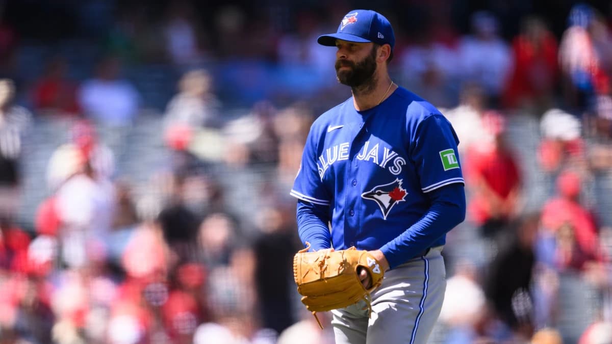 Toronto Blue Jays pitcher Tommy Nance (45) looks on after a pitching change during the seventh inning against the Los Angeles Angels at Angel Stadium.