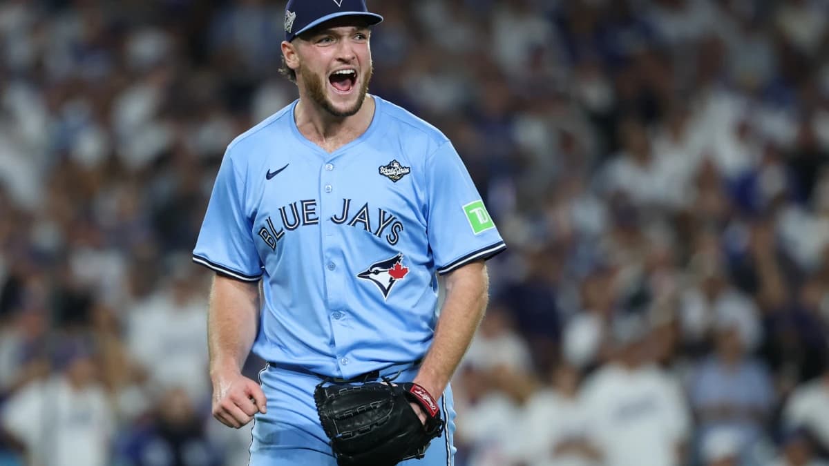 Toronto Blue Jays pitcher Trey Yesavage (39) celebrates after a double play during the seventh inning against the Los Angeles Dodgers during game five of the 2025 MLB World Series at Dodger Stadium.