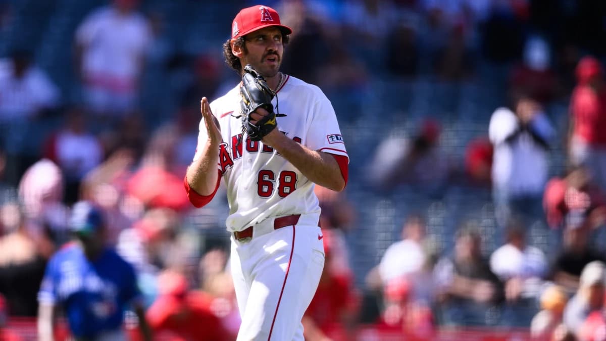 Los Angeles Angels pitcher Jordan Romano (68) reacts after defeating the Toronto Blue Jays at Angel Stadium