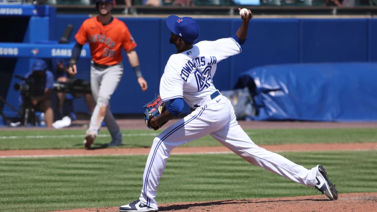 Toronto Blue Jays relief pitcher Carl Edwards Jr. (43) throws a pitch during the seventh inning against the Houston Astros at Sahlen Field.