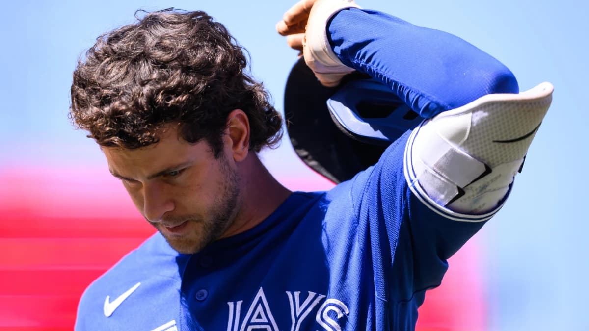 Toronto Blue Jays second baseman Ernie Clement (22) looks on after losing to the Los Angeles Angels at Angel Stadium.
