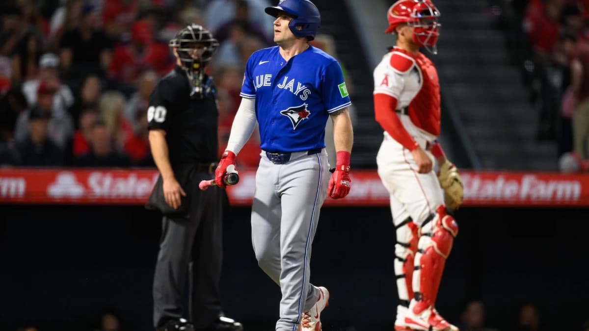 Toronto Blue Jays catcher Tyler Heineman (55) looks on after striking out during the fifth inning against the Los Angeles Angels at Angel Stadium.
