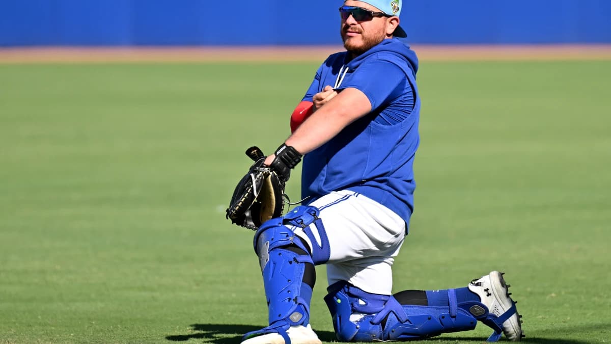 Toronto Blue Jays catcher Alejandro Kirk (30) waits for a drill to start during spring training at Bobby Mattick Training Center at Englebert Complex.