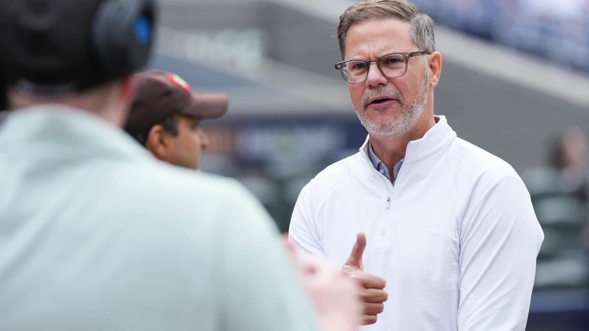 Toronto Blue Jays general manager Ross Atkins talks with the media during batting practice between the Toronto Blue Jays and Seattle Mariners before game two of the ALCS round for the 2025 MLB playoffs at Rogers Centre.