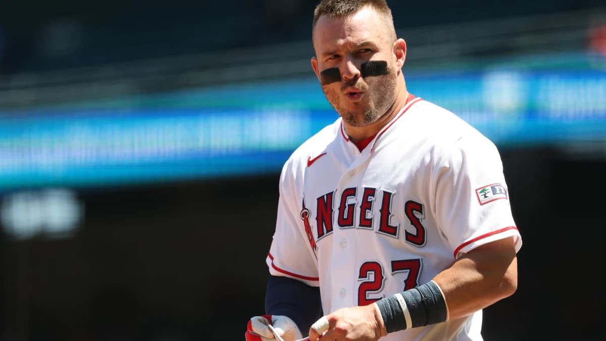 Los Angeles Angels center fielder Mike Trout (27) looks on during the second inning against the Chicago White Sox at Angel Stadium.