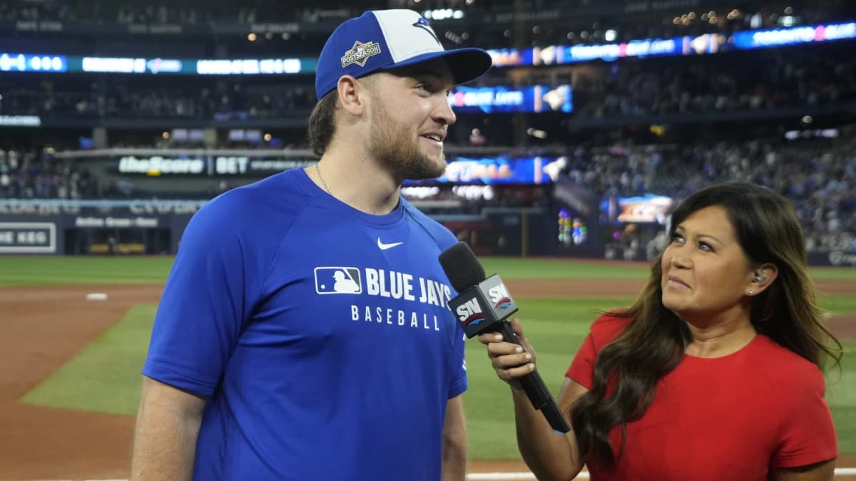 Toronto Blue Jays pitcher Trey Yesavage (39) is interviewed by Sportsnet broadcaster Hazel Mae after defeating the Seattle Mariners during game six of the ALCS round for the 2025 MLB playoffs at Rogers Centre.