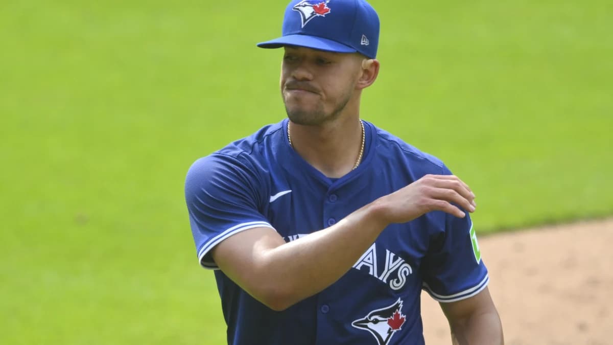 Toronto Blue Jays starting pitcher Jose Berrios (17) walks off the field after the third inning against the Cleveland Guardians at Progressive Field.