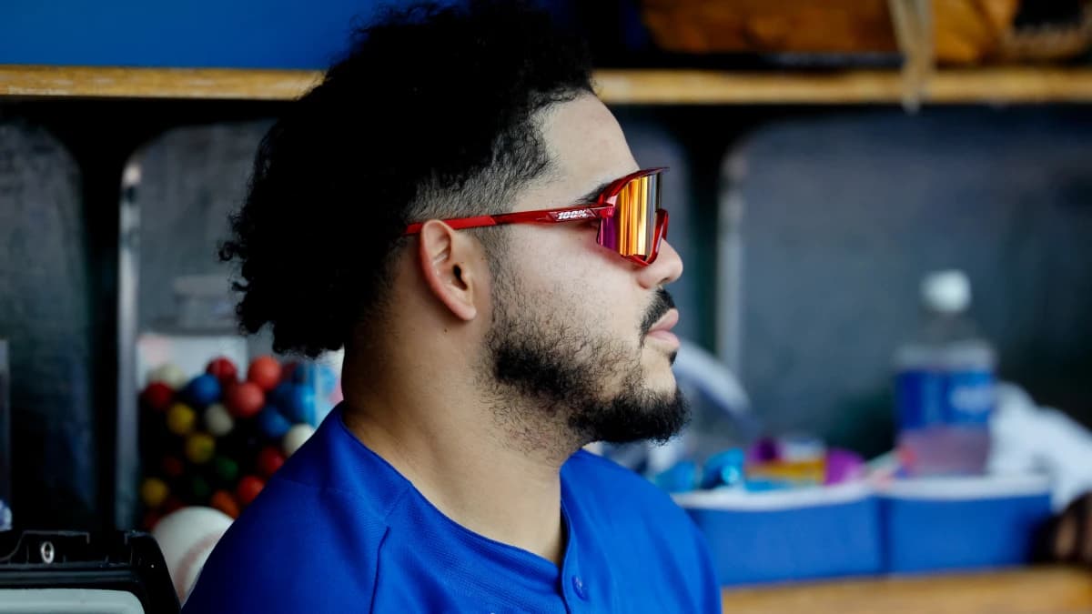 Toronto Blue Jays left fielder Yohendrick Pinango (24) sits in dugout in the seventh inning against the Detroit Tigers at Comerica Park.