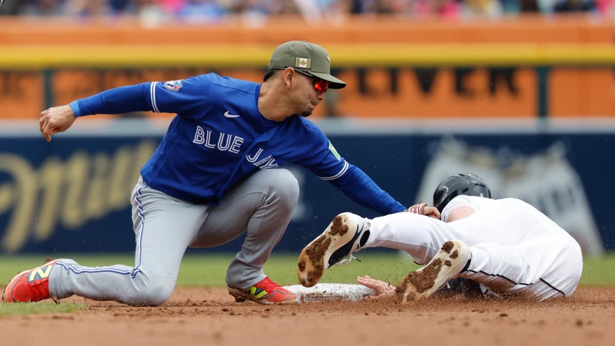 Detroit Tigers center fielder Matt Vierling (8) is tagged out by Toronto Blue Jays shortstop Andres Gimenez (0) trying to steal second in the second inning at Comerica Park.