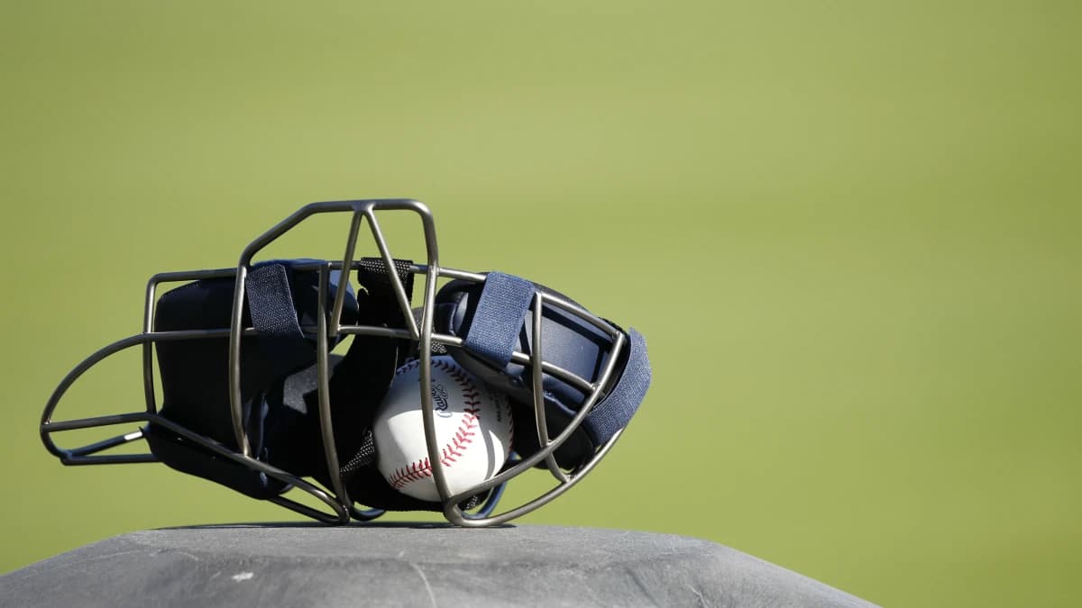A detailed view of a catchers mask and baseball as pitchers and catchers report for spring training at George M. Steinbrenner Field.