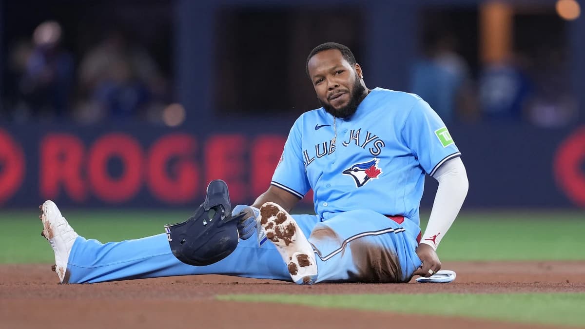 Toronto Blue Jays first baseman Vladimir Guerrero Jr. (27) reacts after being tagged out at second base against the Pittsburgh Pirates during the first inning at Rogers Centre.